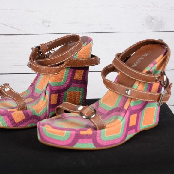 Prada Canvas Wedge Sandals with Studded Straps - Picture 3 of 6